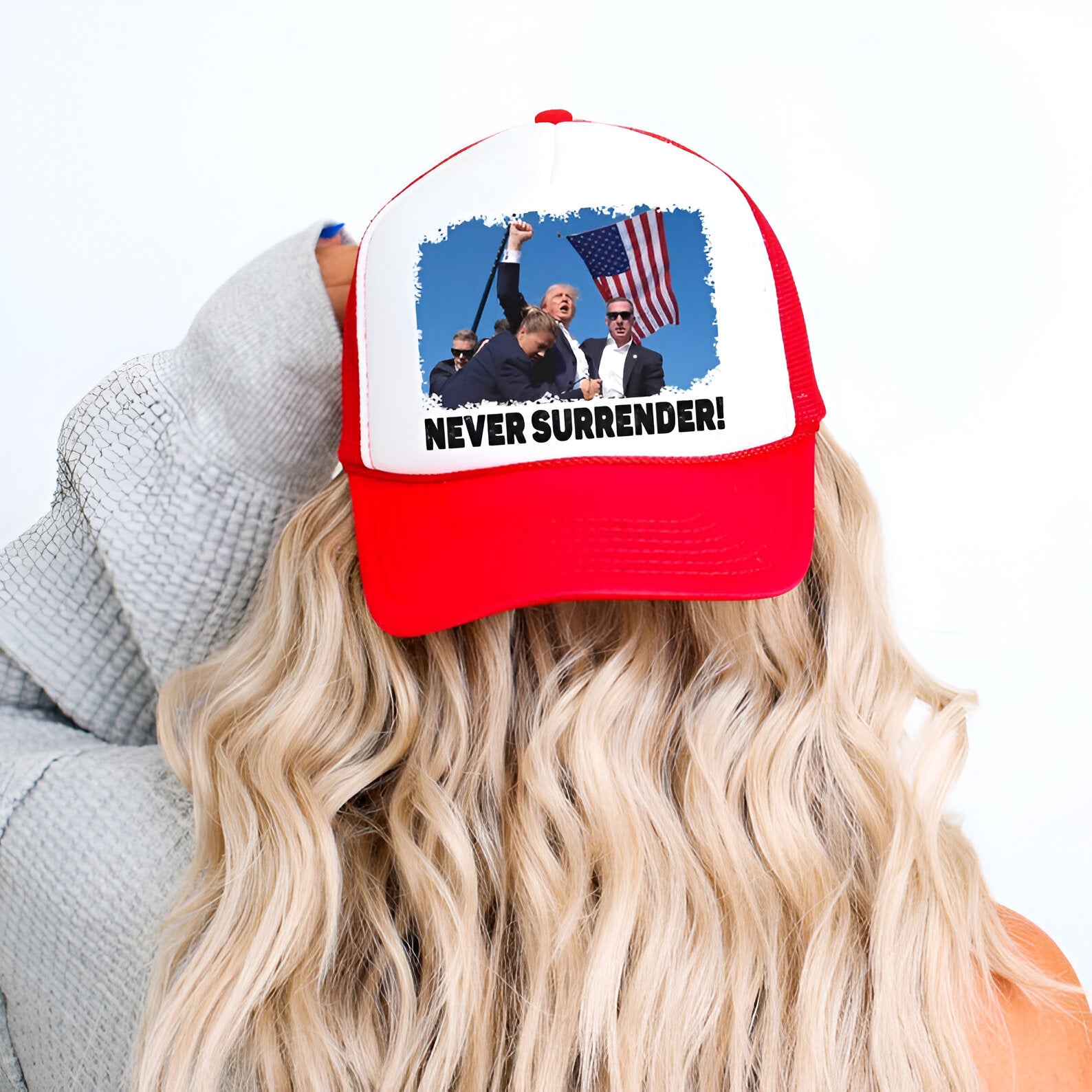 Trump Never Surrender Hat | Trump Shot Hat Vote Republican Snapback | American Election Adjustable Cap | Red White Blue Patriotic Trump hat Tu2