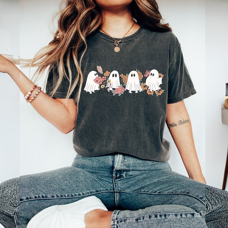 Retro Floral Ghosts Shirt, Cute Halloween Ghosts Shirt, Vintage Ghost Shirt, Ghosts with Flowers Shirt, Spooky Season Shirt,Boujee ghost , Spooky Vibe HW0808 01