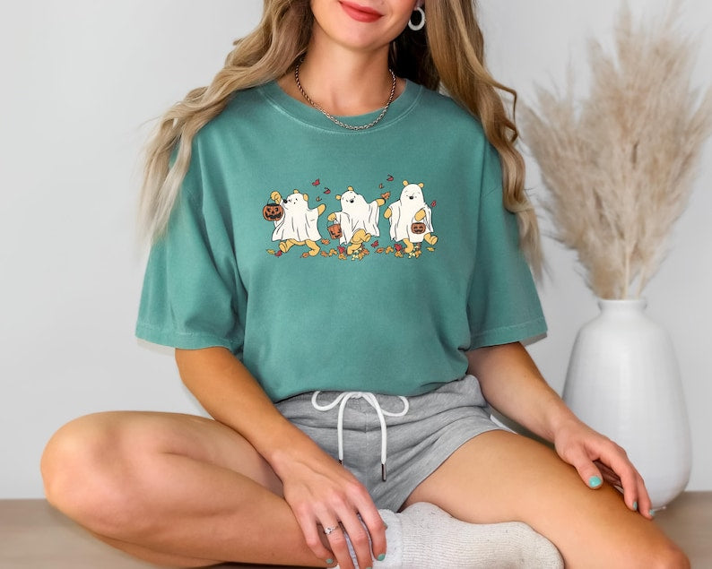 Halloween Retro Winnie The Pooh Ghost Shirt, Spooky Season Shirt, Halloween Women's Shirt, Cute Fall Autumn Leaf Shirt 
