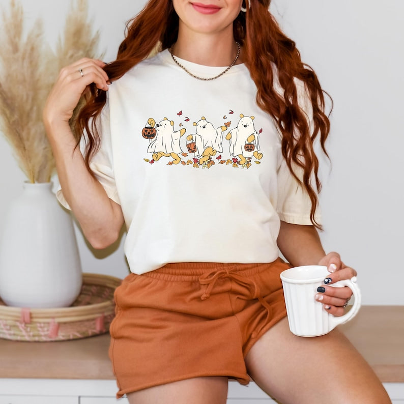 Halloween Retro Winnie The Pooh Ghost Shirt, Spooky Season Shirt, Halloween Women's Shirt, Cute Fall Autumn Leaf Shirt 
