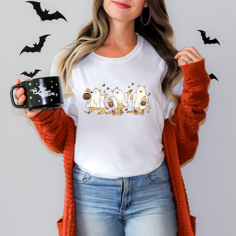 Halloween Retro Winnie The Pooh Ghost Shirt, Spooky Season Shirt, Halloween Women's Shirt, Cute Fall Autumn Leaf Shirt 
