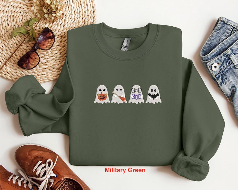 Embroidered Cute Ghost Sweatshirt, Embroidered Halloween Shirt, Halloween Ghost Sweatshirt, Cute Halloween Shirt, Halloween Cute Ghost Shirt EMHA0909S