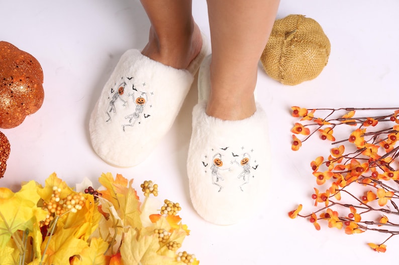 Personalized HALLOWEEN Dancing pumpkin Skeleton Fluffy Slippers - Cozy Close-Toe Footwear SP0708 04
