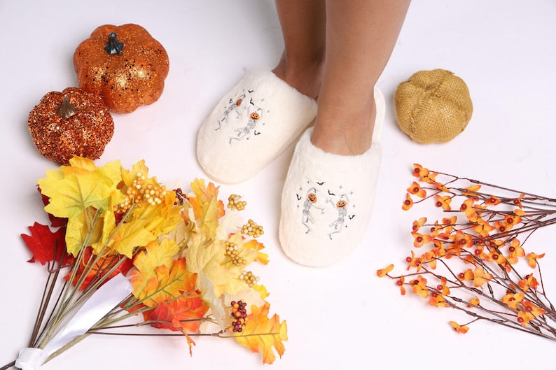 Personalized HALLOWEEN Dancing pumpkin Skeleton Fluffy Slippers - Cozy Close-Toe Footwear SP0708 04