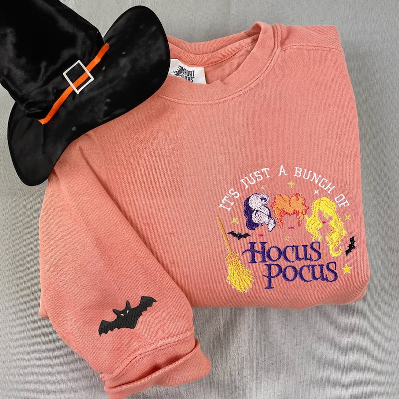 It's Just A Bunch of Hocus Pocus Embroidered Sweatshirt, Hocus Pocus Halloween Crewneck, Comfort Color Halloween Shirt For Friends EMHA0909T