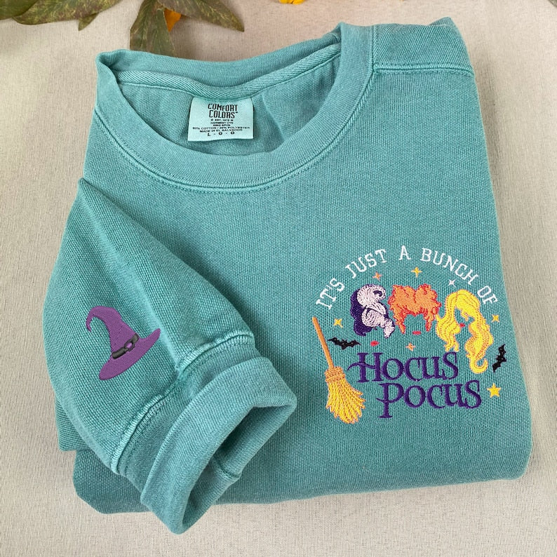 It's Just A Bunch of Hocus Pocus Embroidered Sweatshirt, Hocus Pocus Halloween Crewneck, Comfort Color Halloween Shirt For Friends EMHA0909T