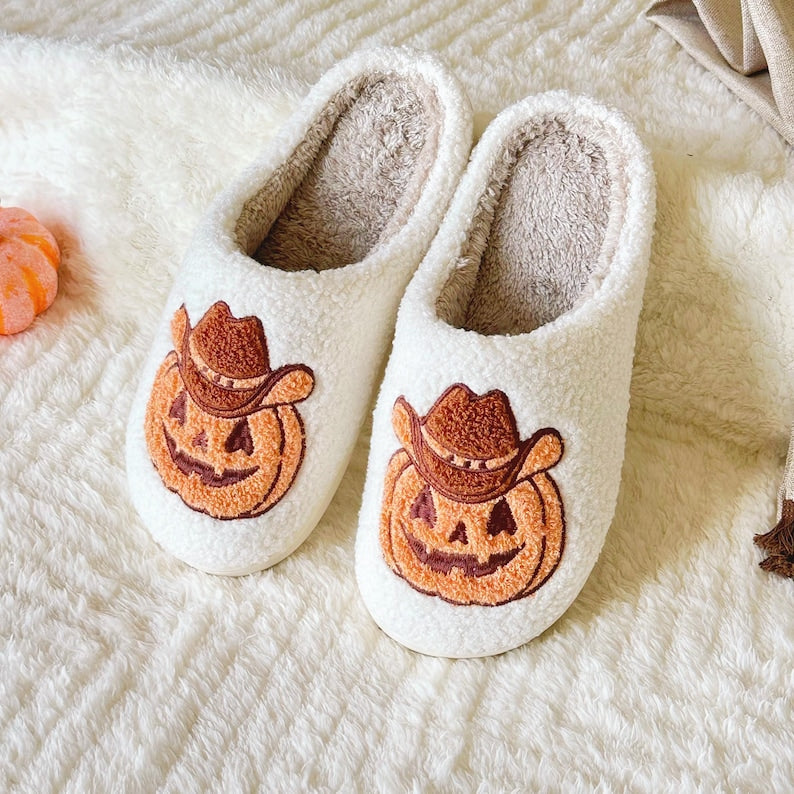 Halloween Howdy Pumpkin Slippers|Halloween Female Slippers|Halloween Gift For Her|Cozy Indoor Slippers|Thanksgiving Christmas Slippers SP0708 01