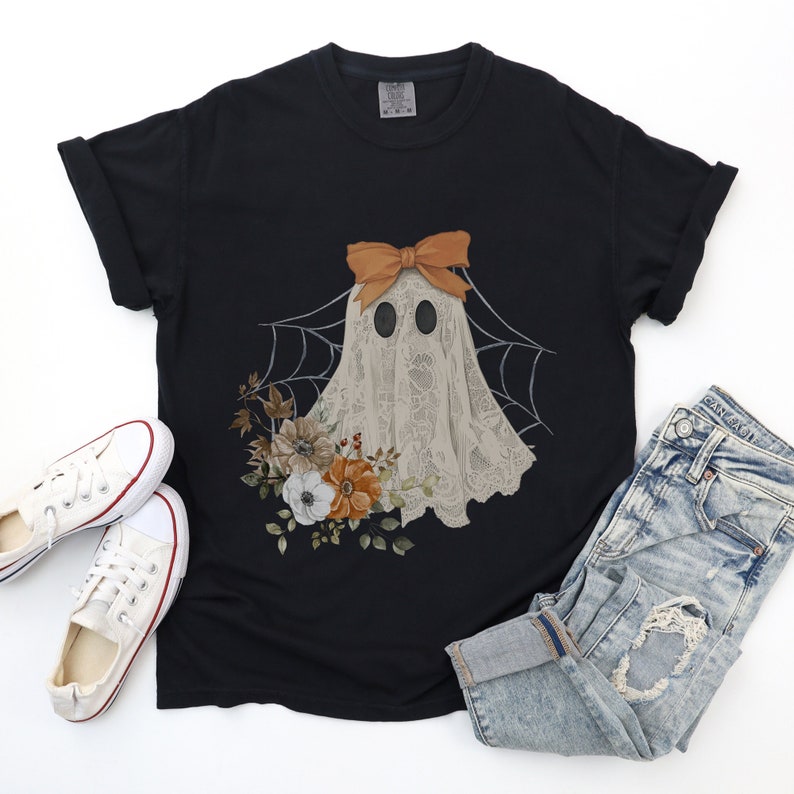 Halloween Lace Ghost T Shirt Spooky Coquette T-Shirt Girly Ghost Orange Bow T Shirt Lacey Ghost Tee s Spooky Season Top Outfit 
 TD1508 08