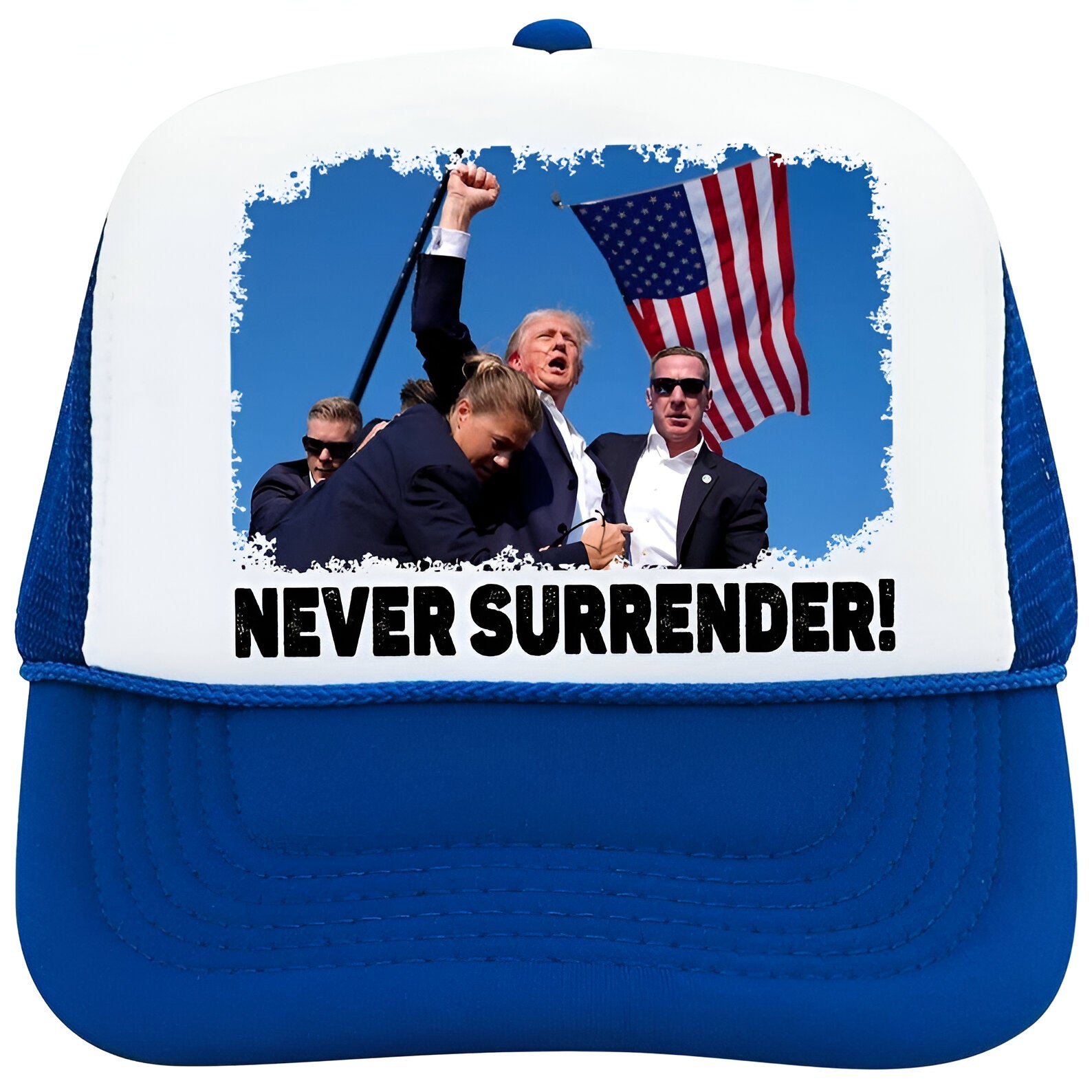 Trump Never Surrender Hat | Trump Shot Hat Vote Republican Snapback | American Election Adjustable Cap | Red White Blue Patriotic Trump hat Tu2