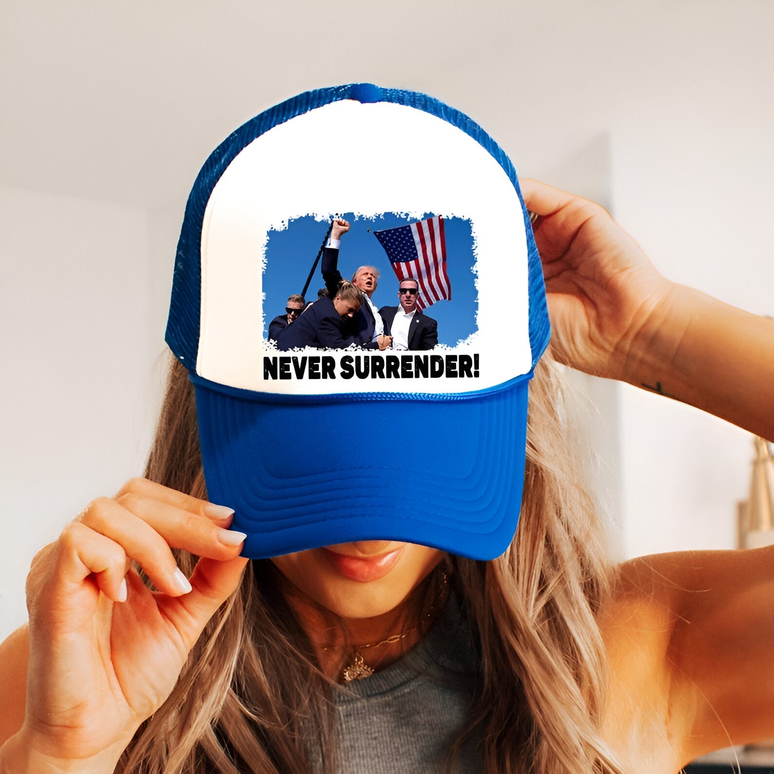 Trump Never Surrender Hat | Trump Shot Hat Vote Republican Snapback | American Election Adjustable Cap | Red White Blue Patriotic Trump hat Tu2