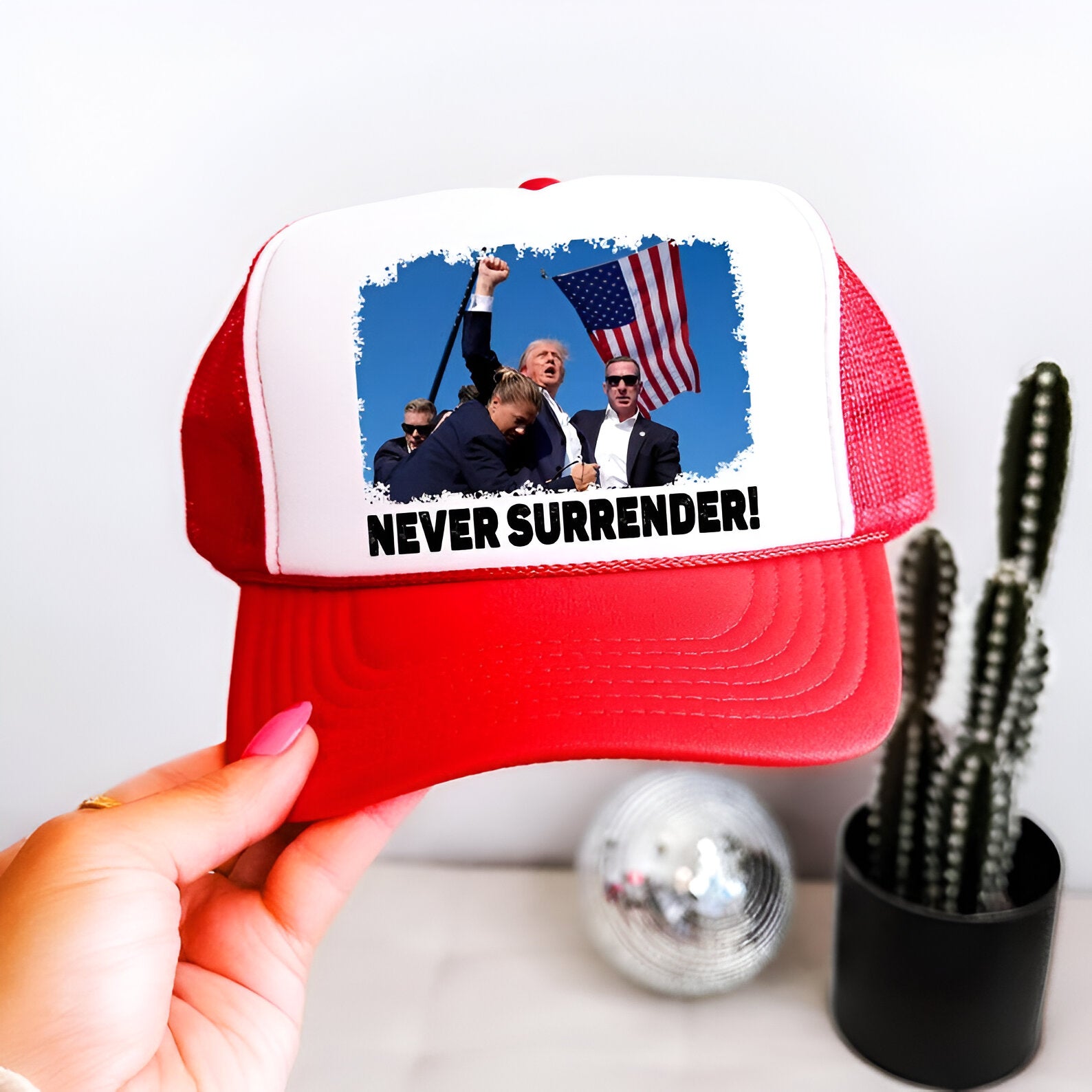 Trump Never Surrender Hat | Trump Shot Hat Vote Republican Snapback | American Election Adjustable Cap | Red White Blue Patriotic Trump hat Tu2