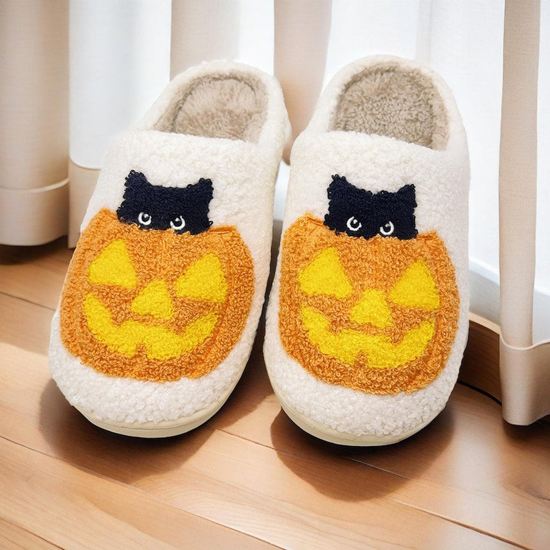 Pumpkin Cat Slippers|Funny Halloween Footwear|Cozy Halloween Slippers|Halloween Gift For Her|Stay Spooky|Christmas Slipper|Thanksgiving Gift SP0708 02