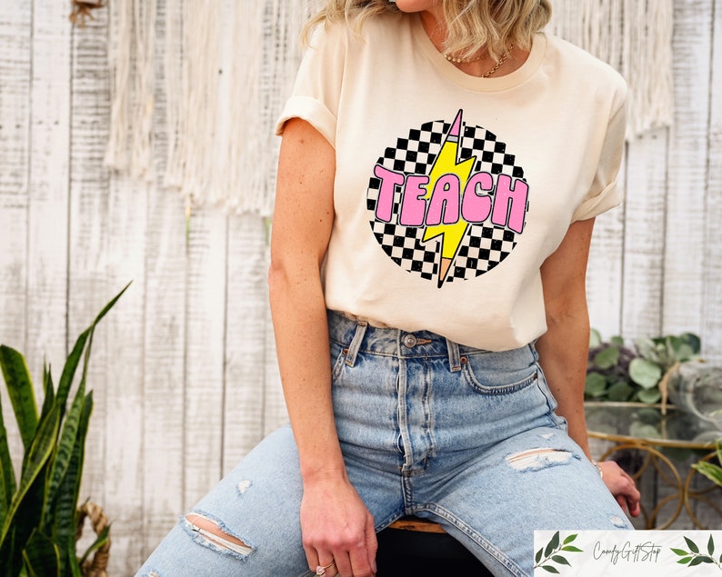 Retro Teacher Shirt, Checkered Teach Shirt, Back to School, Teacher Appreciation Gift, New Teacher Shirt, First Day of School Shirt 
 TD1308 13