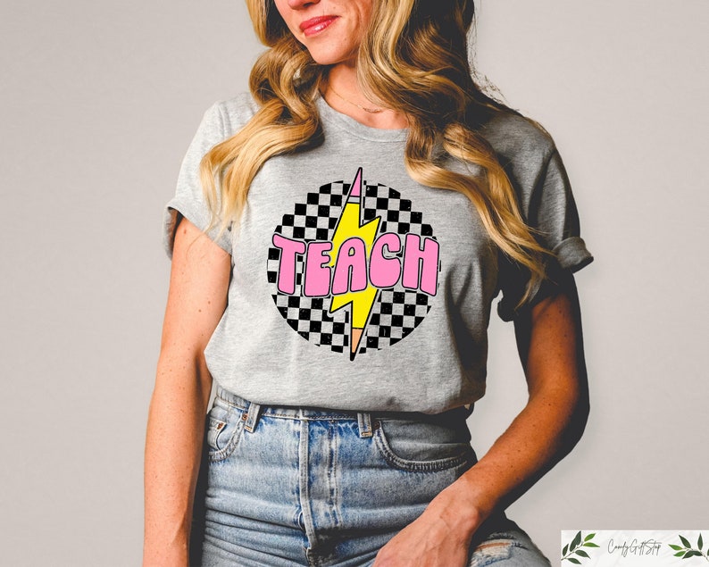 Retro Teacher Shirt, Checkered Teach Shirt, Back to School, Teacher Appreciation Gift, New Teacher Shirt, First Day of School Shirt 
 TD1308 13