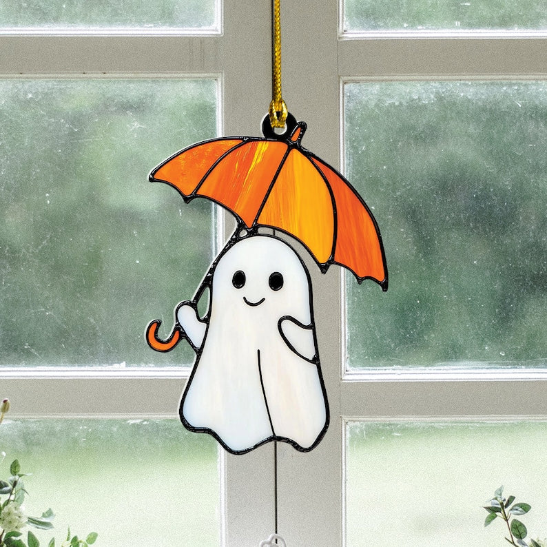 Cute Ghost Holding Umbrella Halloween Suncatcher, Cute Ghost Window Hanging Decor, Cute Ghost Hanging Ornament Home Decor ORHA2208