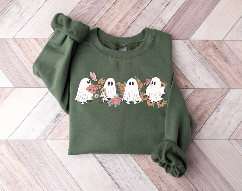 Retro Floral Ghosts Shirt, Cute Halloween Ghosts Shirt, Vintage Ghost Shirt, Ghosts with Flowers Shirt, Spooky Season Shirt,Boujee ghost , Spooky Vibe HW0808 01