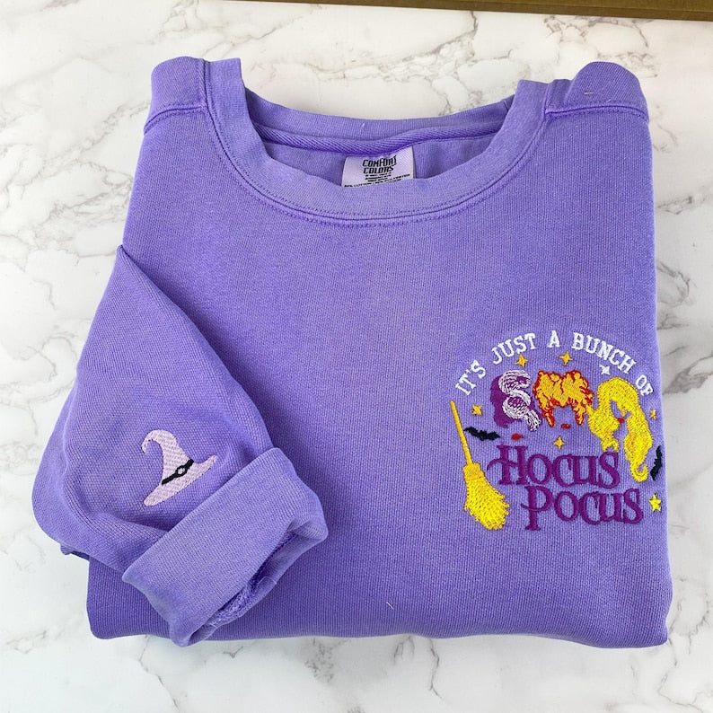It's Just A Bunch of Hocus Pocus Embroidered Sweatshirt, Hocus Pocus Halloween Crewneck, Comfort Color Halloween Shirt For Friends EMHA0909T