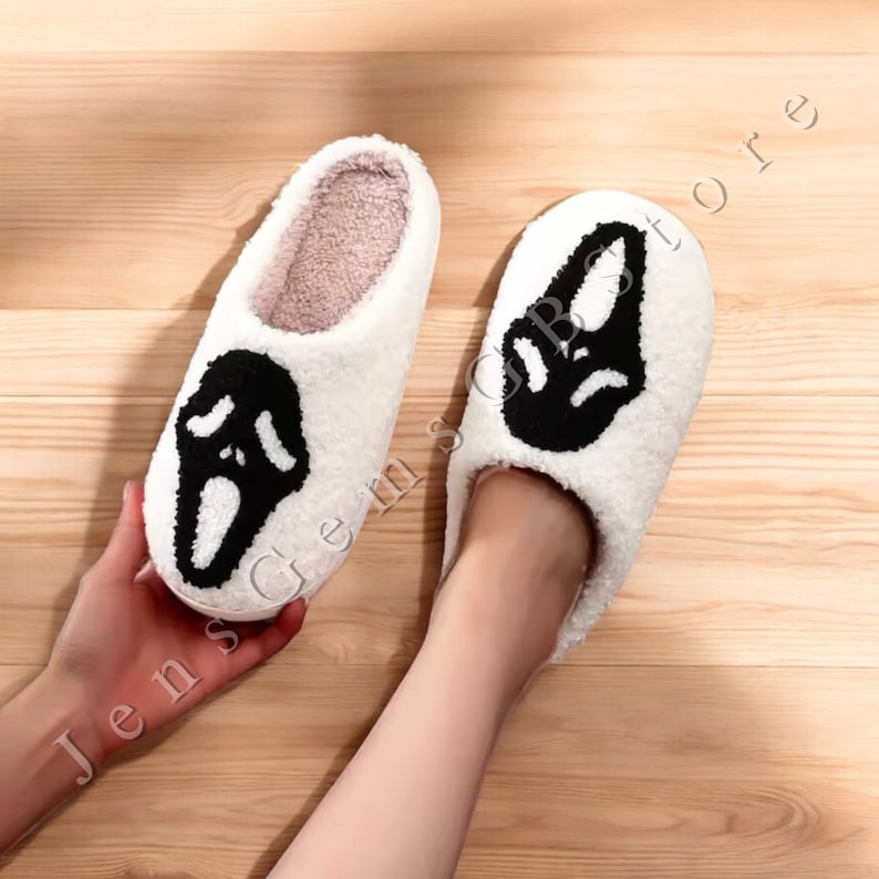 Halloween Slippers - Ghost Face, Goth House Shoes, Spooky Skull Design, Scream Mask, Fluffy and Fuzzy, Cozy Indoor Footwear, Halloween Gift SP0708 05