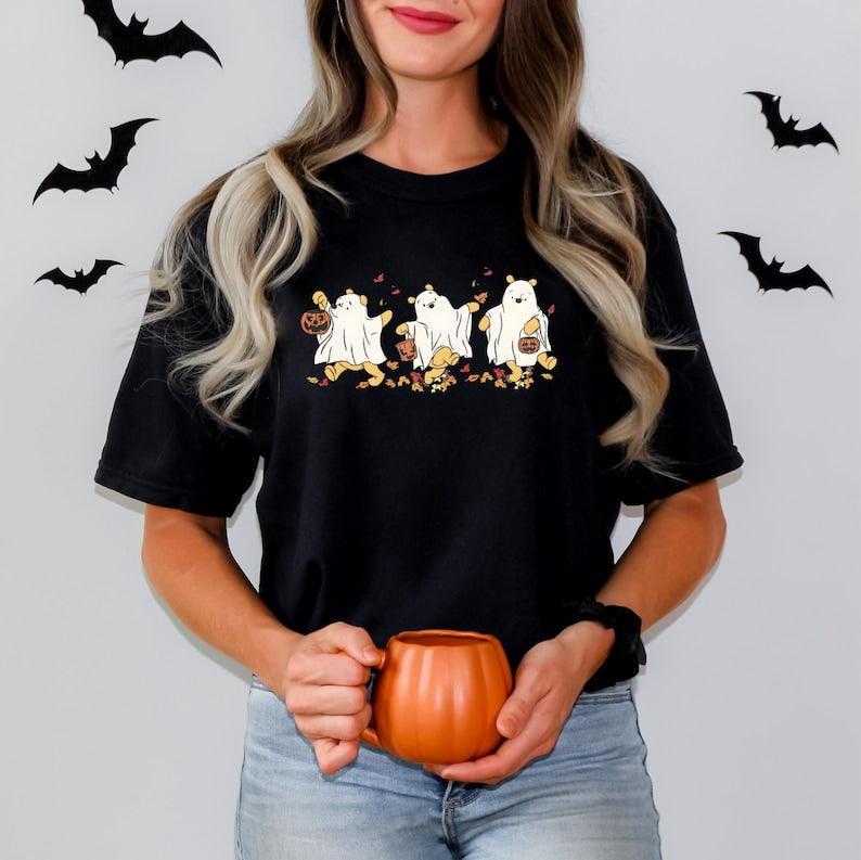 Halloween Retro Winnie The Pooh Ghost Shirt, Spooky Season Shirt, Halloween Women's Shirt, Cute Fall Autumn Leaf Shirt 
