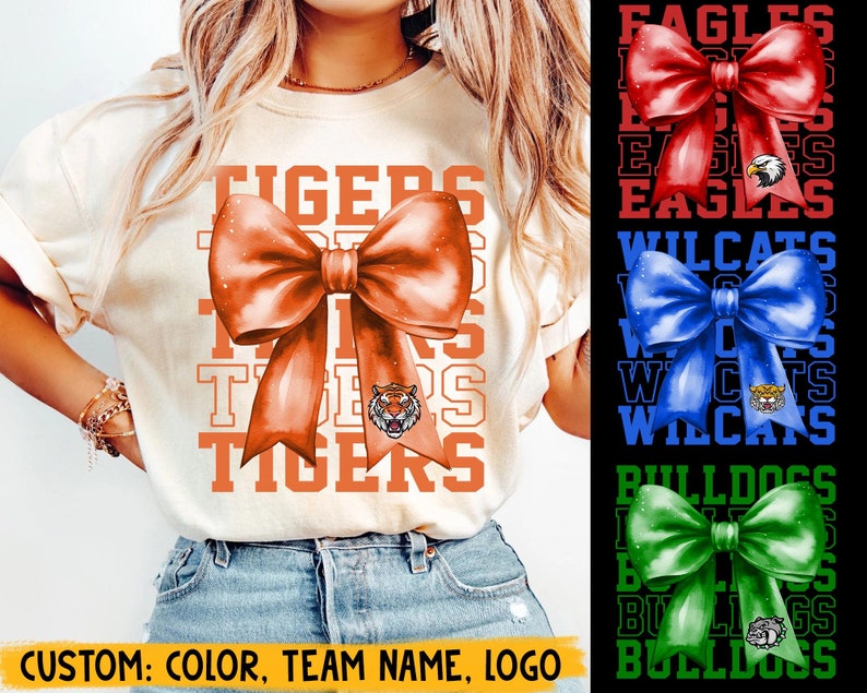 Personalized Team Mascot Bow Shirt, Game Day Shirt, Coquette Bow School Spirit Shirt, Footbal Team Shirt, Cheer Mascot, Sport Mom Shirt TD1508 01