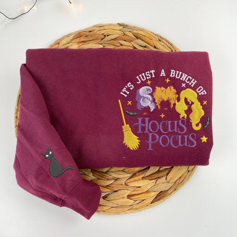 It's Just A Bunch of Hocus Pocus Embroidered Sweatshirt, Hocus Pocus Halloween Crewneck, Sanderson Sister, Spooky Season, Gift For Friends EMHA0909T