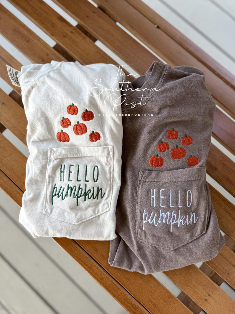 HELLO Pumpkin Embroidered Tee -- SHORT Sleeve, Comfort Colors Pocket Tee EM1809S
