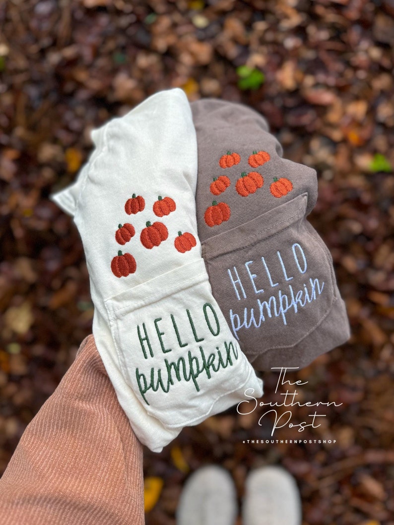 HELLO Pumpkin Embroidered Tee -- SHORT Sleeve, Comfort Colors Pocket Tee EM1809S