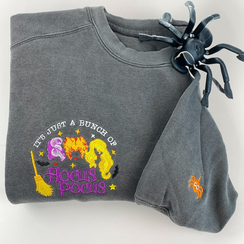 Comfort Color Hocus Pocus Embroidered Sweatshirt, It's Just a Bunch Of Hocus Pocus Shirt, Witchy Shirt, Halloween Witch Sweatshirt Gift EMHA0909T