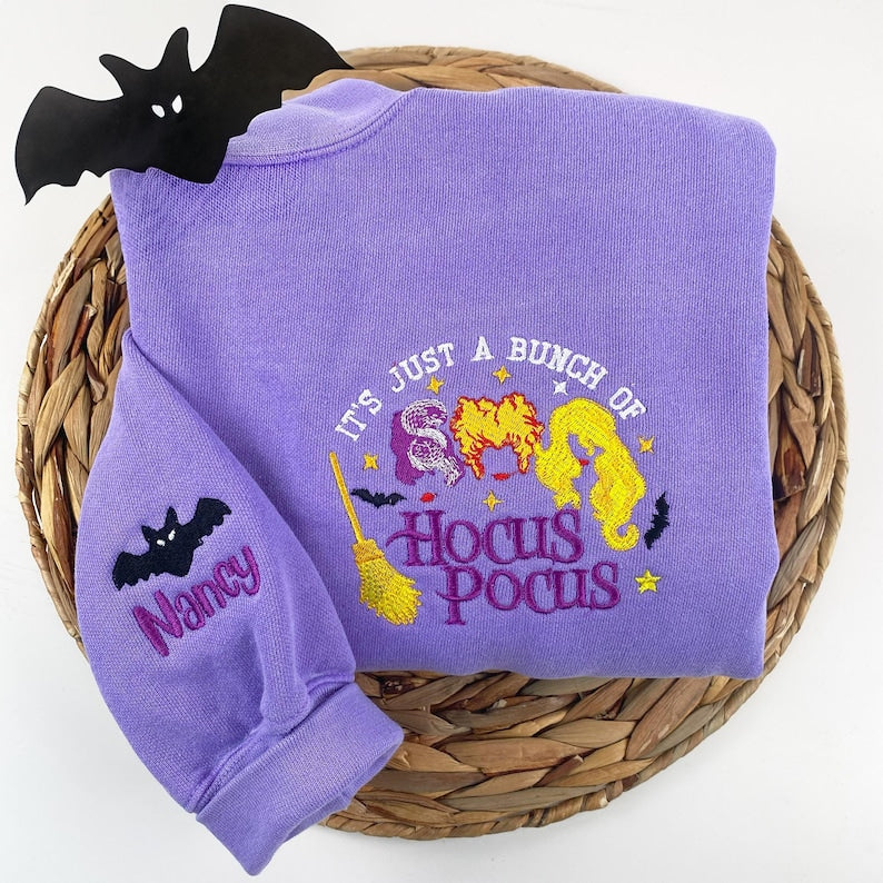 Comfort Color Hocus Pocus Embroidered Sweatshirt, It's Just a Bunch Of Hocus Pocus Shirt, Witchy Shirt, Halloween Witch Sweatshirt Gift EMHA0909T