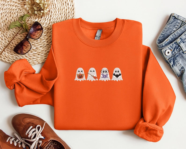 Embroidered Cute Ghost Sweatshirt, Embroidered Halloween Shirt, Halloween Ghost Sweatshirt, Cute Halloween Shirt, Halloween Cute Ghost Shirt EMHA0909S