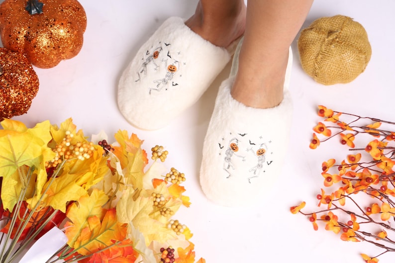 Personalized HALLOWEEN Dancing pumpkin Skeleton Fluffy Slippers - Cozy Close-Toe Footwear SP0708 04