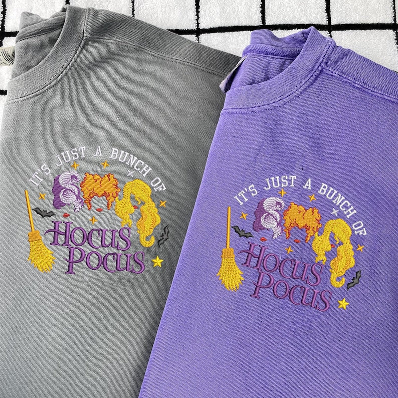 It's Just A Bunch of Hocus Pocus Embroidered shirt, Hocus Pocus Halloween Crewneck, Comfort Color Halloween Shirt For Friends, Disney Witch EMHA0909T