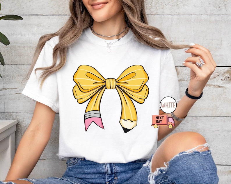 Coquette Teacher Shirt, Coquette Pencil Bow T-Shirt, Trendy Back to School Tee, Appreciation Gift, Elementary Teacher Gift 
