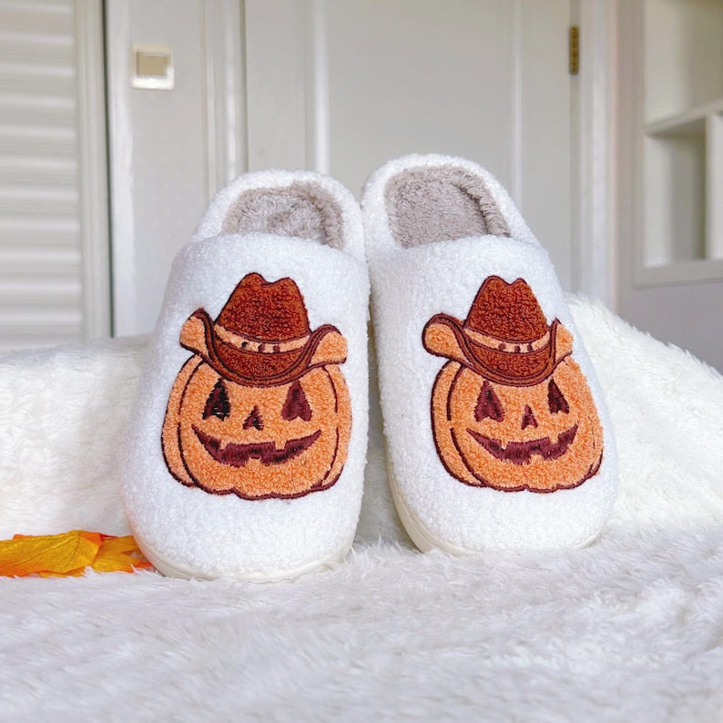 Halloween Howdy Pumpkin Slippers|Halloween Female Slippers|Halloween Gift For Her|Cozy Indoor Slippers|Thanksgiving Christmas Slippers SP0708 01