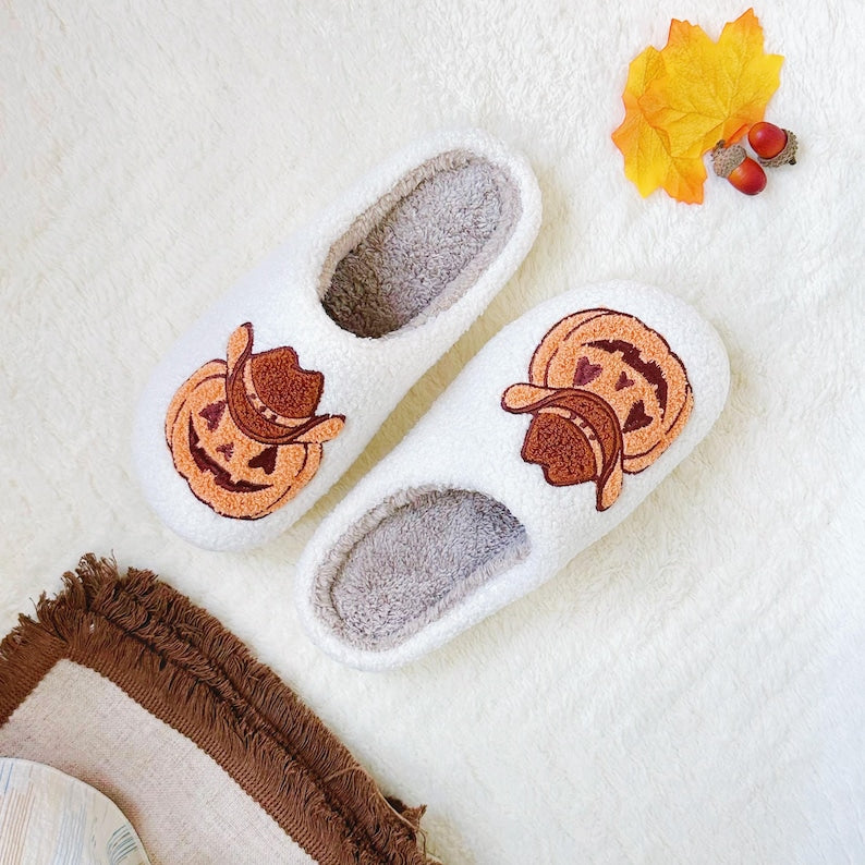 Halloween Howdy Pumpkin Slippers|Halloween Female Slippers|Halloween Gift For Her|Cozy Indoor Slippers|Thanksgiving Christmas Slippers SP0708 01