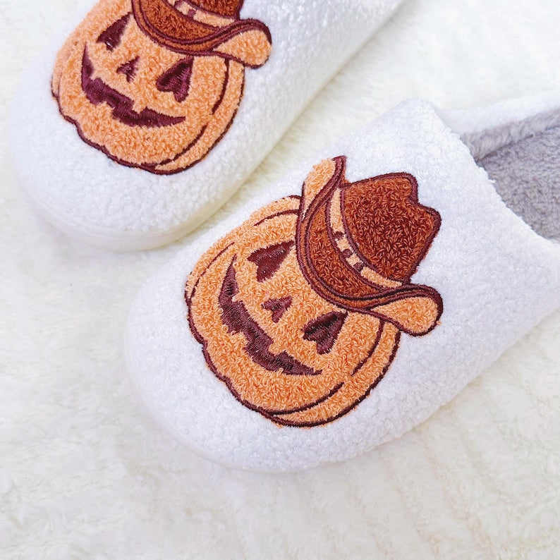 Halloween Howdy Pumpkin Slippers|Halloween Female Slippers|Halloween Gift For Her|Cozy Indoor Slippers|Thanksgiving Christmas Slippers SP0708 01