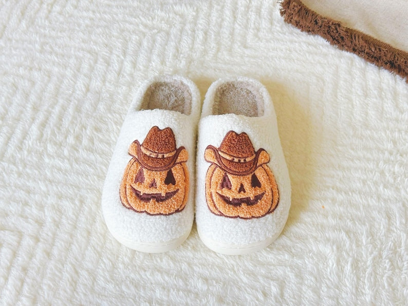 Halloween Howdy Pumpkin Slippers|Halloween Female Slippers|Halloween Gift For Her|Cozy Indoor Slippers|Thanksgiving Christmas Slippers SP0708 01