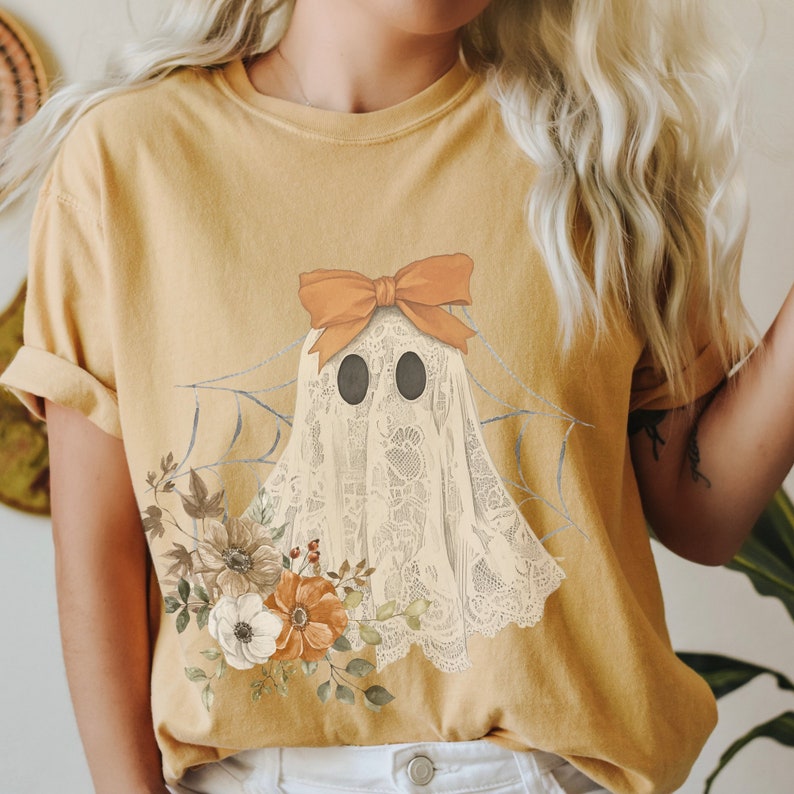 Halloween Lace Ghost T Shirt Spooky Coquette T-Shirt Girly Ghost Orange Bow T Shirt Lacey Ghost Tee s Spooky Season Top Outfit 
 TD1508 08