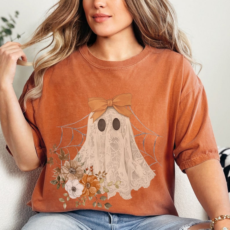 Halloween Lace Ghost T Shirt Spooky Coquette T-Shirt Girly Ghost Orange Bow T Shirt Lacey Ghost Tee s Spooky Season Top Outfit 
 TD1508 08