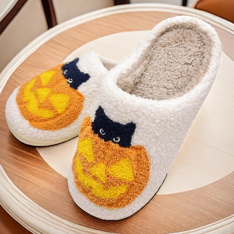 Pumpkin Cat Slippers|Funny Halloween Footwear|Cozy Halloween Slippers|Halloween Gift For Her|Stay Spooky|Christmas Slipper|Thanksgiving Gift SP0708 02