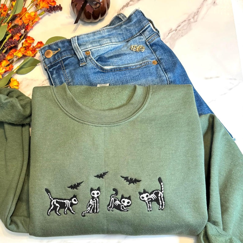 Embroidered Halloween Sweatshirt, Embroidered Skeletons Sweatshirt, Halloween Black Cats Sweatshirt, Fall Sweatshirt, Spooky Season Crewneck EMHA0609