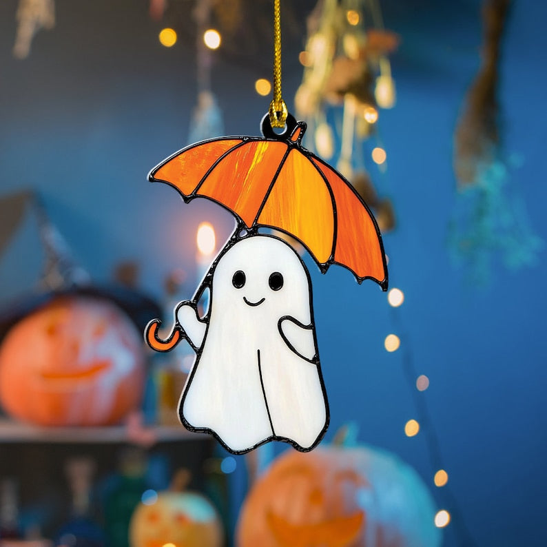 Cute Ghost Holding Umbrella Halloween Suncatcher, Cute Ghost Window Hanging Decor, Cute Ghost Hanging Ornament Home Decor ORHA2208