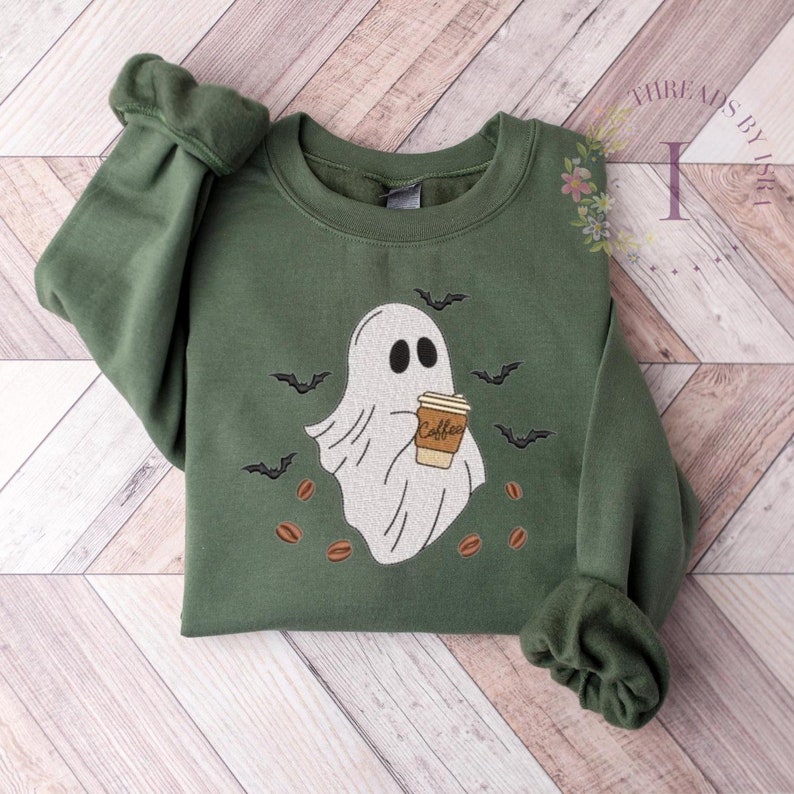 Halloween Ghost Coffee Embroidered Crewneck, Spooky Bat Coffee Bean Sweatshirt, Fall Gothic Apparel, Halloween Casual Pullover Sweater EM1709S