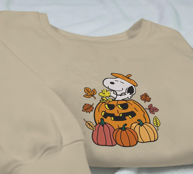 Snoopy Halloween Embroidery Sweatshirt, Snoopy Pumpkin Sweatshirt, Halloween Embroidered Sweatshirt, Halloween Cartoon Dog Sweatshirt EMHA0509