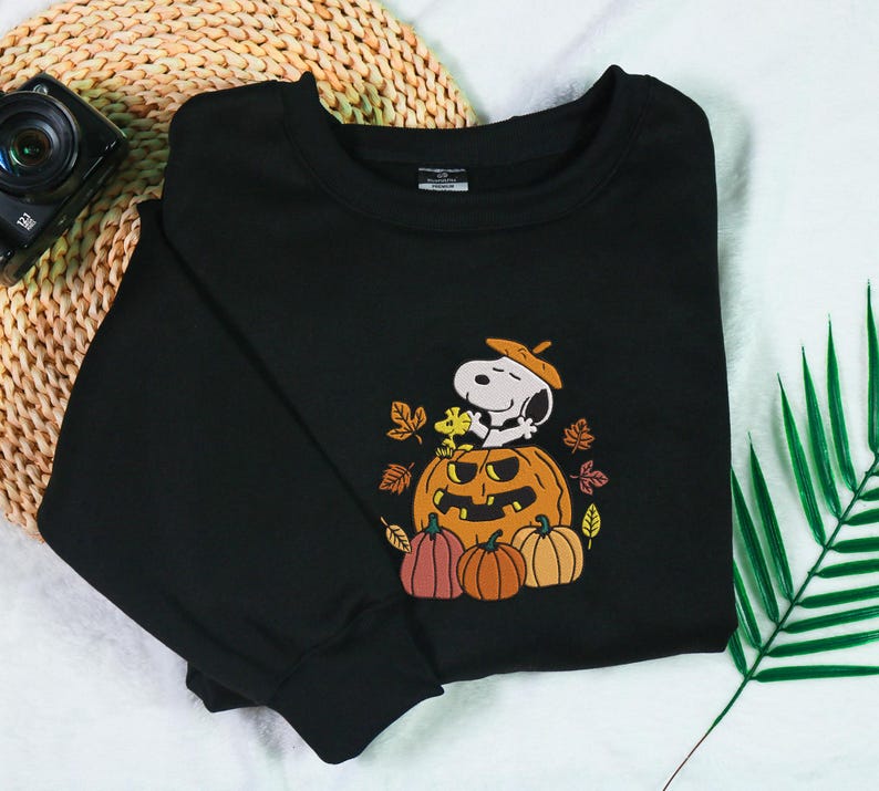 Snoopy Halloween Embroidery Sweatshirt, Snoopy Pumpkin Sweatshirt, Halloween Embroidered Sweatshirt, Halloween Cartoon Dog Sweatshirt EMHA0509