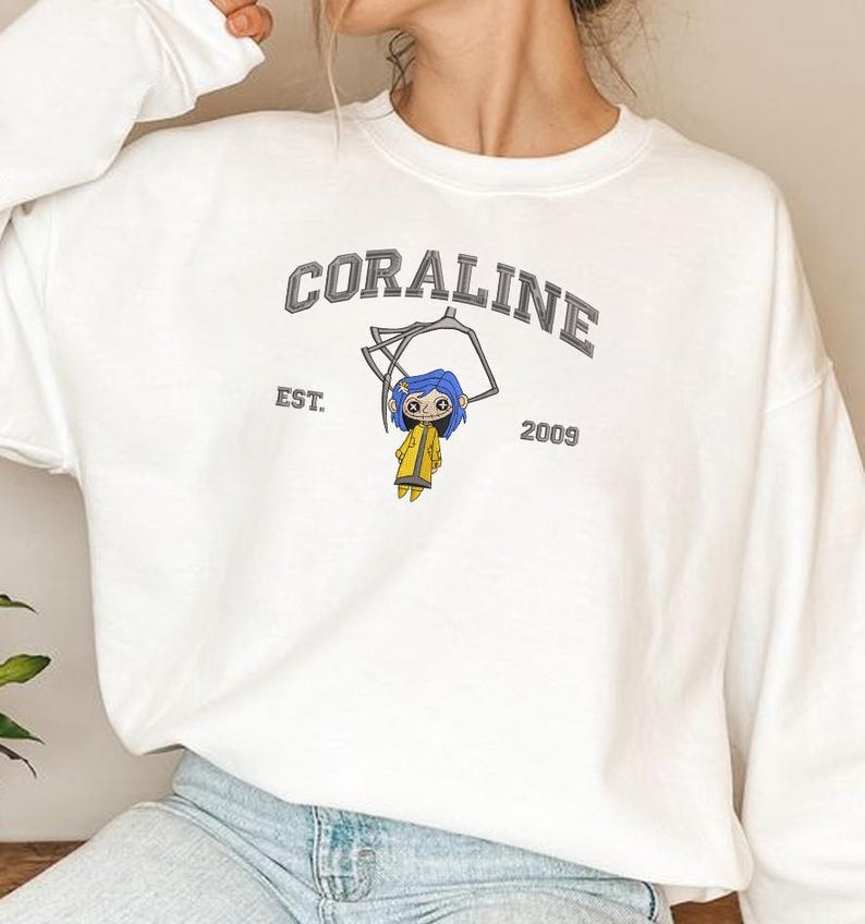 Embroidery Coraline Halloween Sweatshirt, Halloween Coraline Shirt, Spooky Movie Shirt, Horror Shirt, Cartoon Movie EMHA0509