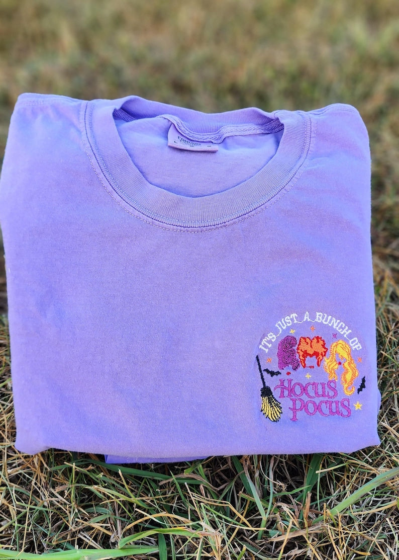 It's Just A Bunch of Hocus Pocus Embroidered shirt, Hocus Pocus Halloween Crewneck, Comfort Color Halloween Shirt For Friends, Disney Witch EMHA0909T