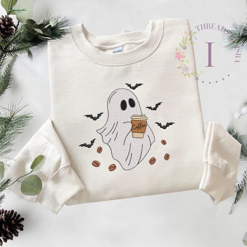 Halloween Ghost Coffee Embroidered Crewneck, Spooky Bat Coffee Bean Sweatshirt, Fall Gothic Apparel, Halloween Casual Pullover Sweater EM1709S