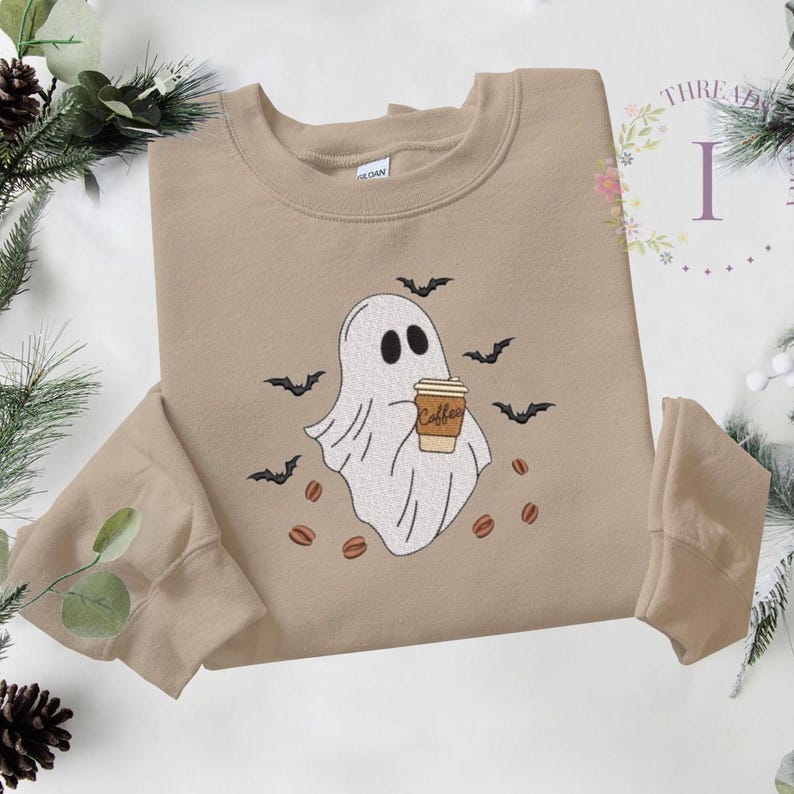 Halloween Ghost Coffee Embroidered Crewneck, Spooky Bat Coffee Bean Sweatshirt, Fall Gothic Apparel, Halloween Casual Pullover Sweater EM1709S