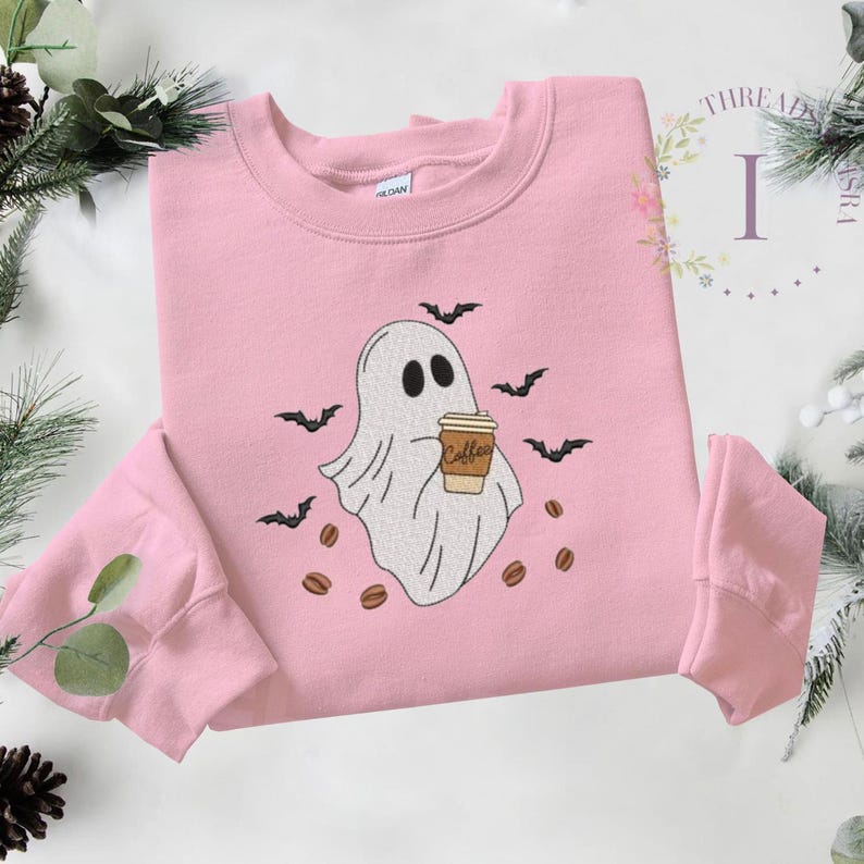 Halloween Ghost Coffee Embroidered Crewneck, Spooky Bat Coffee Bean Sweatshirt, Fall Gothic Apparel, Halloween Casual Pullover Sweater EM1709S